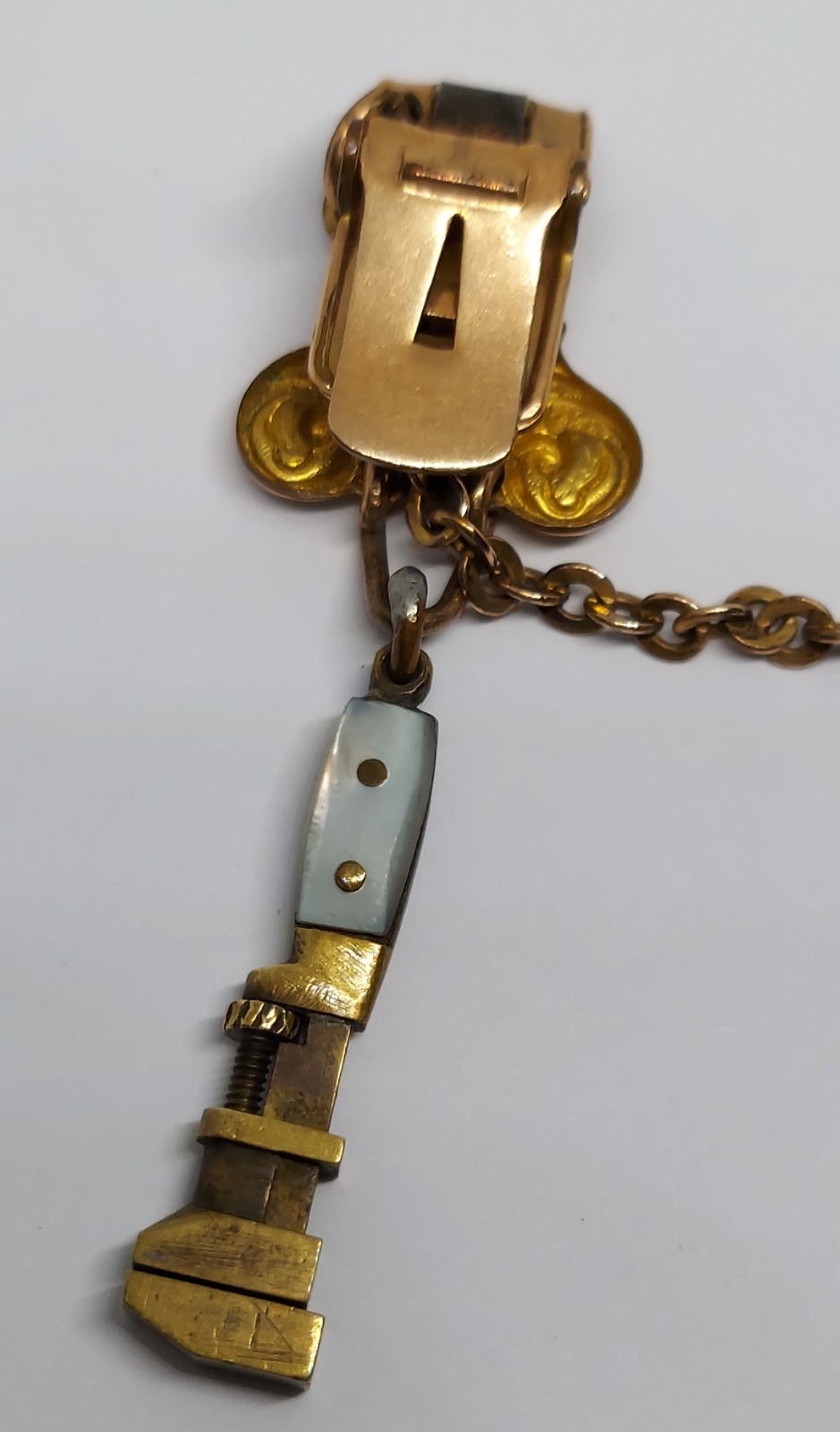 VTG Antique Miniature monkey Wrench works watch Fob charm Gold Filled Chain Clip