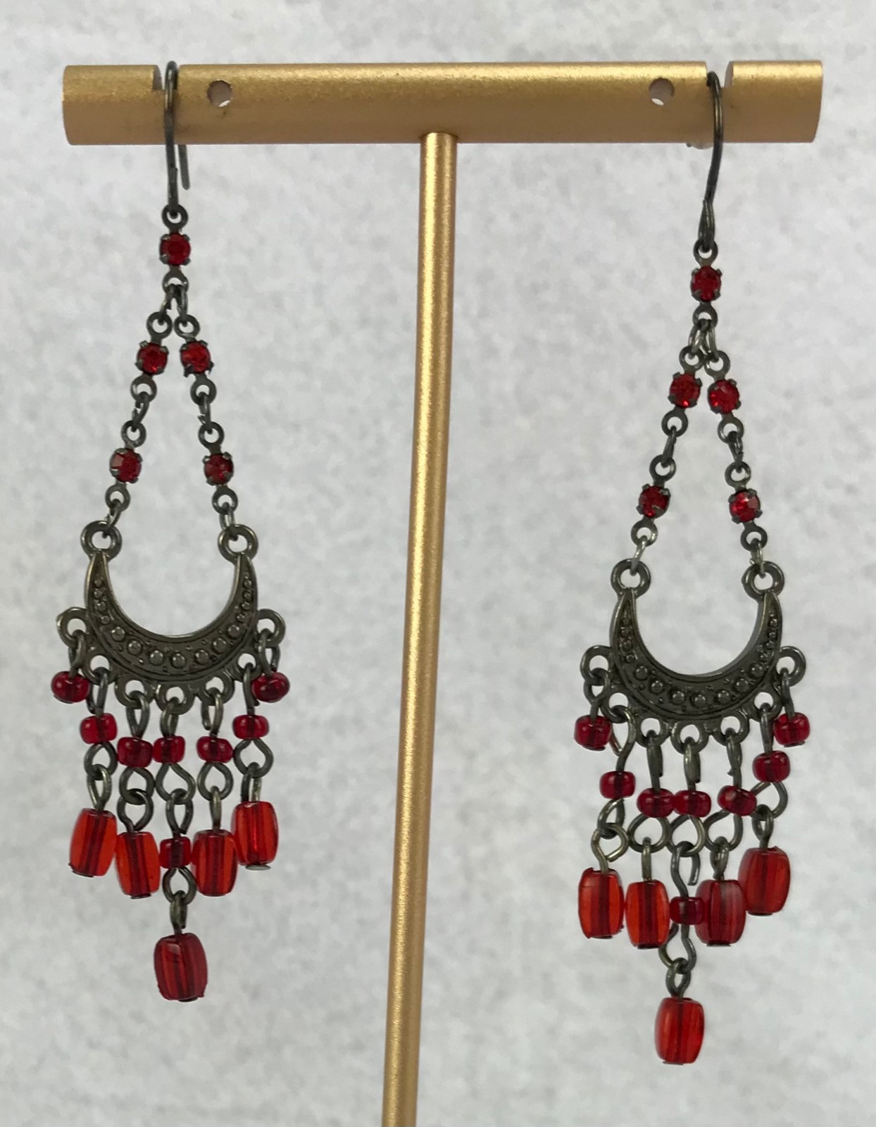 Vintage Silver Tone, 3″ Red Rhinestone, Teardrop Chandelier Earrings JWL-1372