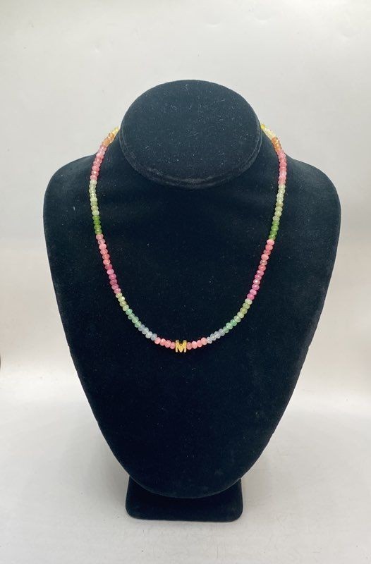 Sterling Silver 925 Multi Gemstone Beaded Necklace Initial M Ring Set Size 6