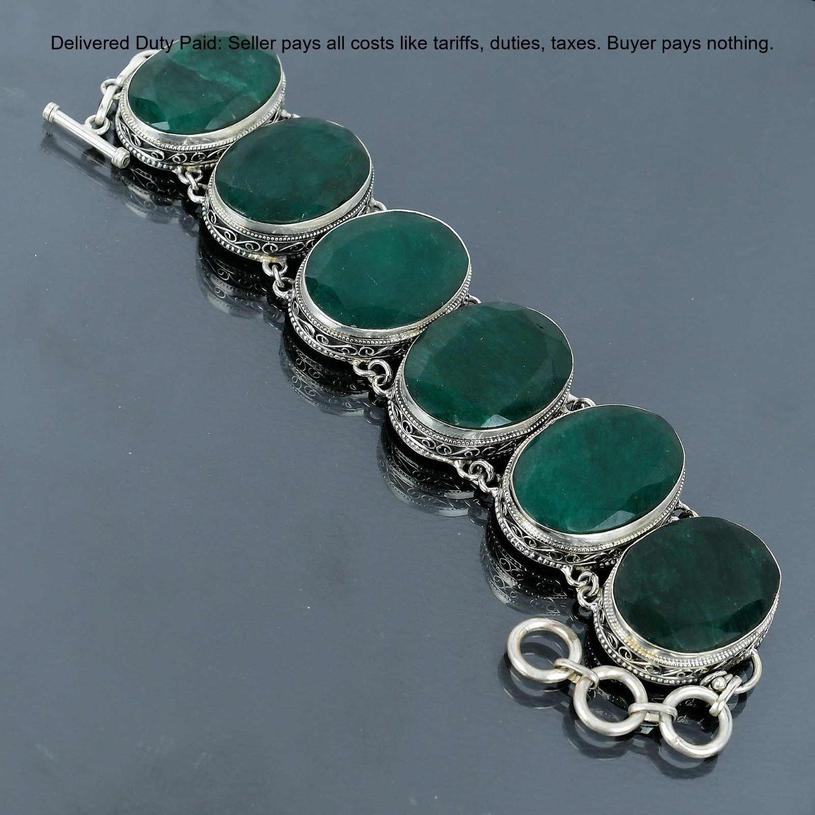 925 Sterling Silver Oval Natural Zambian Emrald New Vintage Wife Chain Bracelet