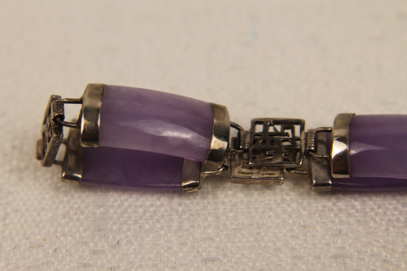 Vintage Lavender Jade Character Panel Bracelet Hoop Earrings Set
