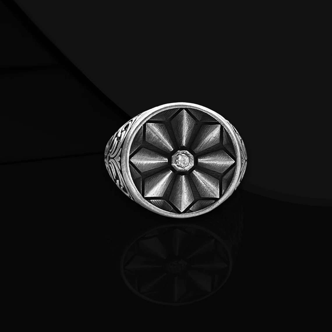 Geometric Flower Signet Ring 925 Sterling Silver Oxidized Ring Duty Free