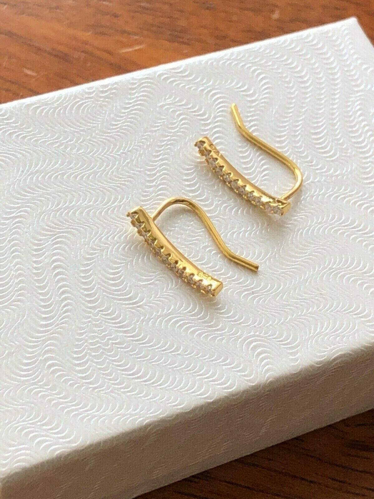 925 Sterling Silver CZ Curved Bar Climber Earrings Gold TINY 13mm x1mm Girls