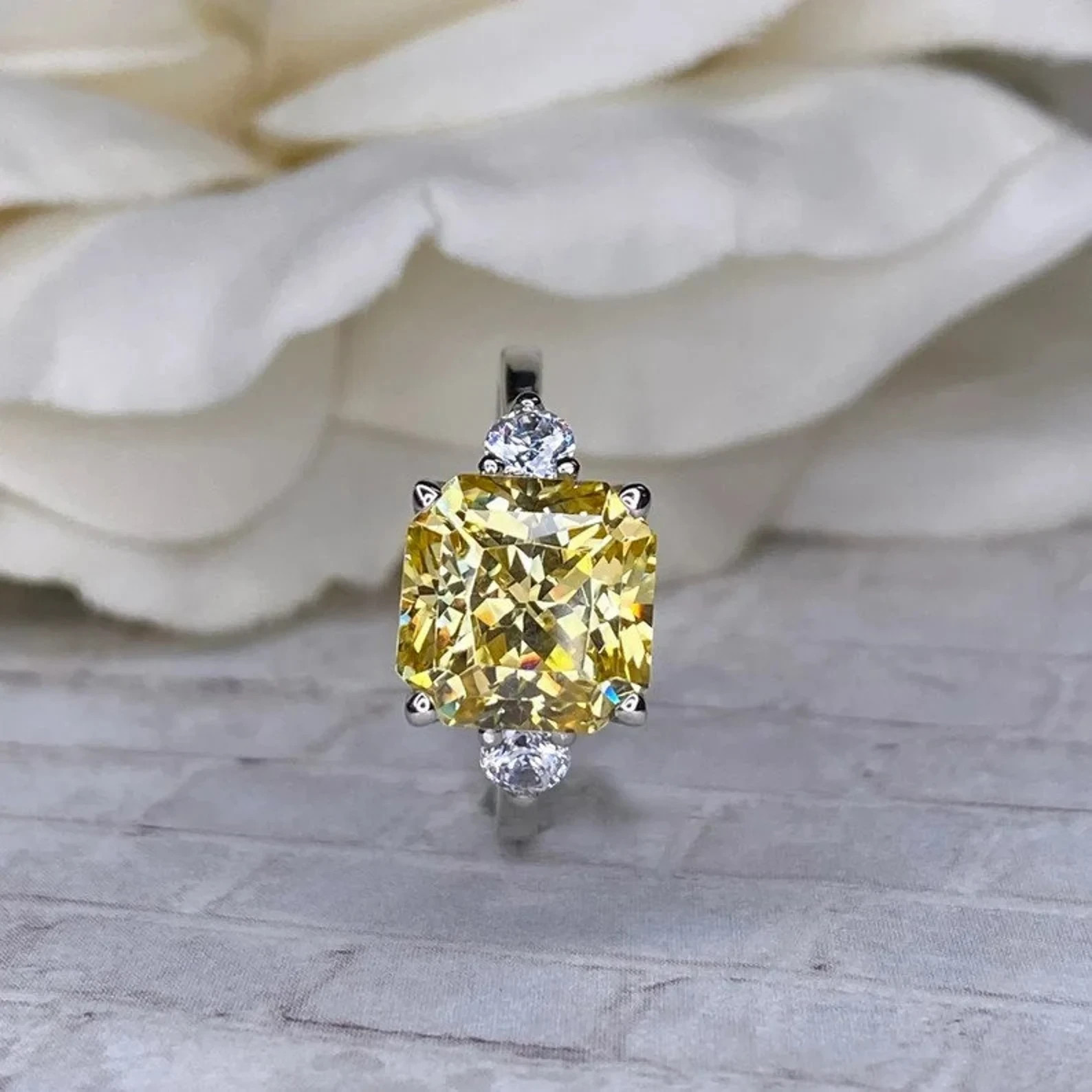 4.5 Ct Asscher Cut Natural Yellow Sapphire Diamond Wedding Ring 14K White Gold 7