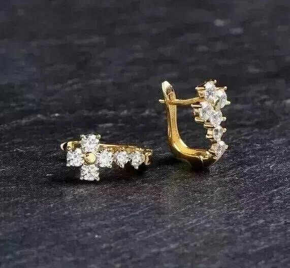 Real Moissanite 2.00Ct Round Cut Women’s Hoop Earrings 14K Yellow Gold Plated