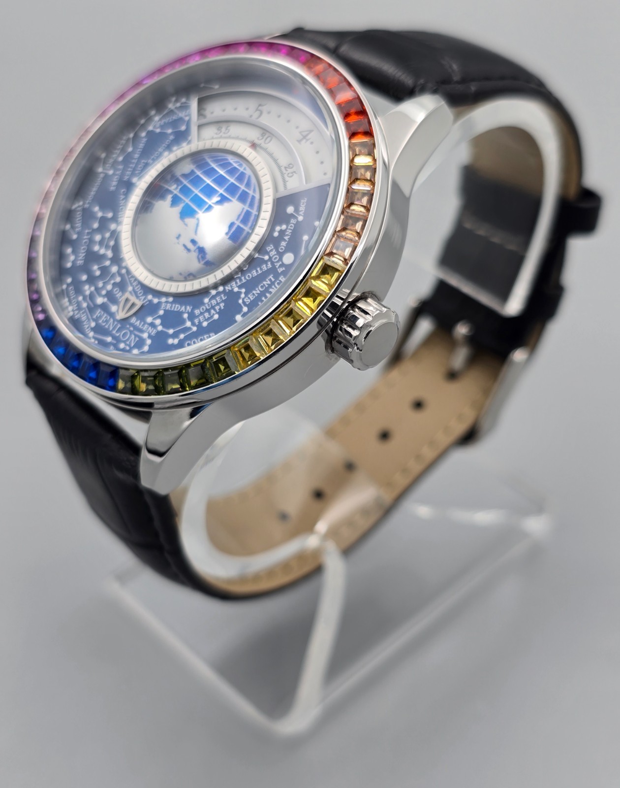 Fenlon Automatic Jump Hour Globe Astronomical Rainbow Bezel Men’s Watch
