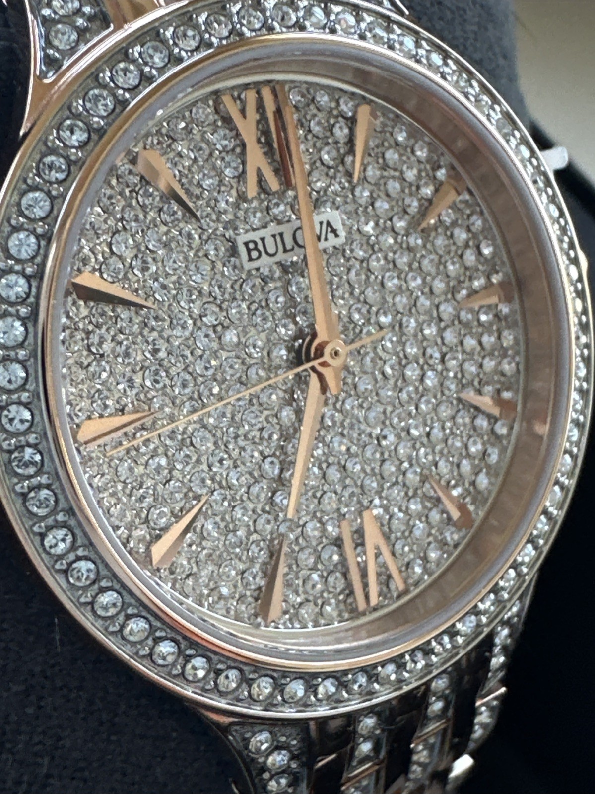 Bulova Quartz Women’s Pave Dial Crystals Rose Gold Watch 32mm 98L235