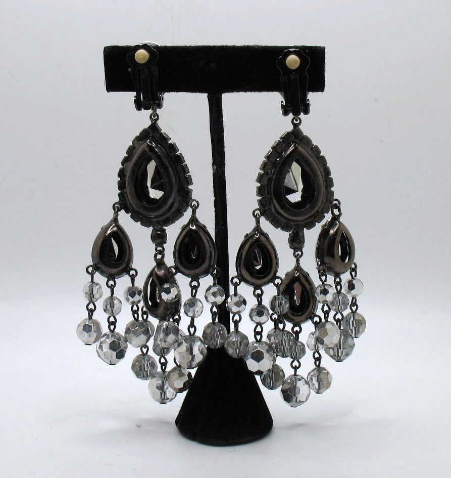Vintage RJ Graziano clip statement chandelier rhinestone & crystal bead earrings