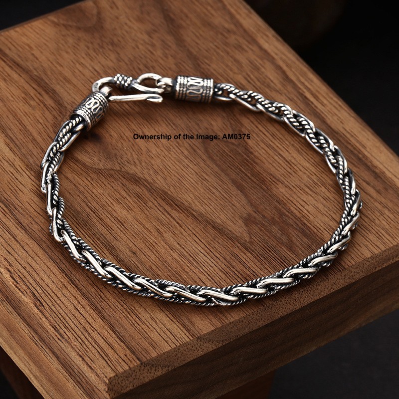 Pure 925 Sterling Silver 4mm Round Rope Link Bracelet Vintage Style 8.26inch