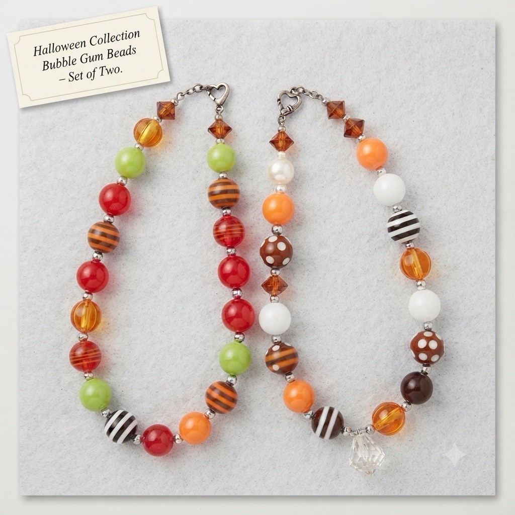 2 Fun Chunky Bubble Gum Bead Necklaces Halloween Colors Festive Costume Jewelry