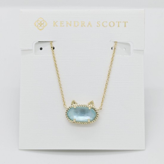 New Kendra Scott Elisa Gold Cat Kitty Pendant Necklace In Light Blue Illusion