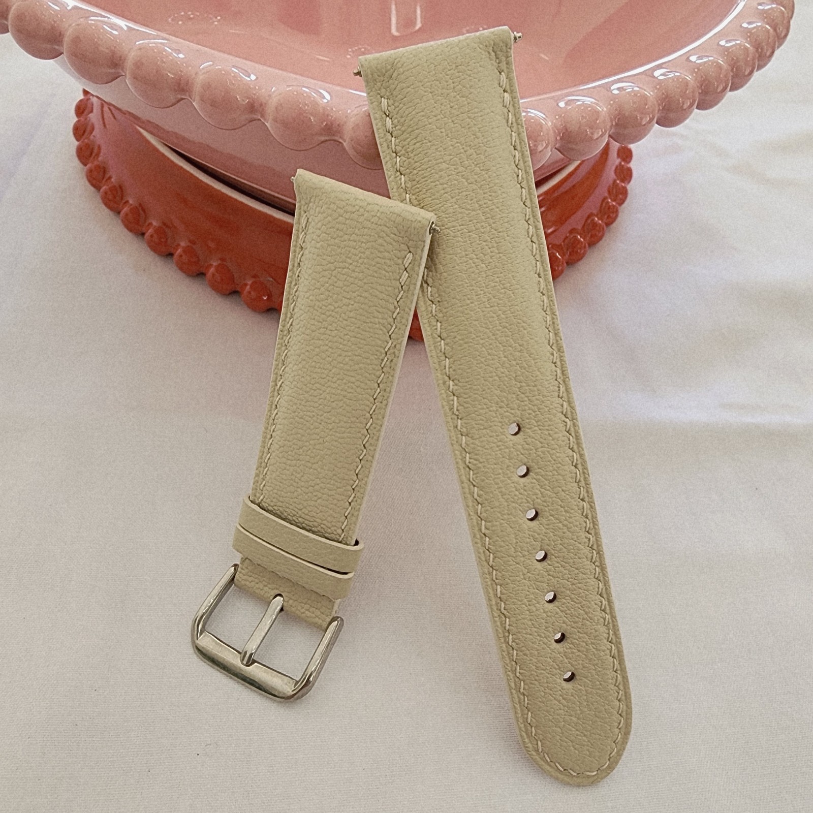 22mm Handmade Ivory French Sheepskin Leather Watch Strap Cream White 22-20