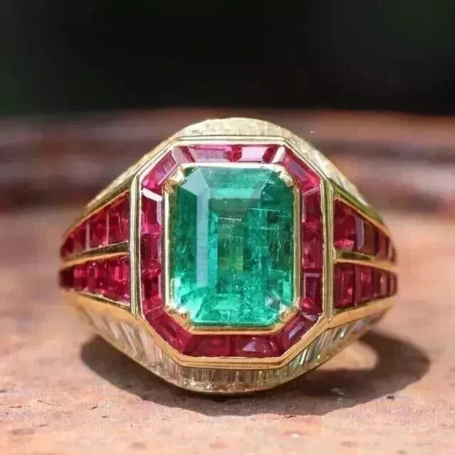 3.15Ct VVS1 Lab-Created Emerald & Ruby Men’s Anniversary Ring 14K Yellow Gold FN