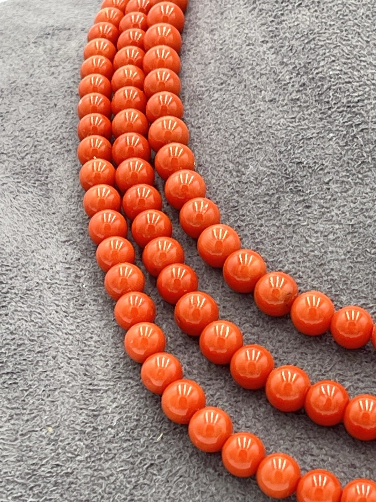 Natural Mediterranean Red Coral 3 Strand Necklace 7mm 18Kt Gold Made in Italy