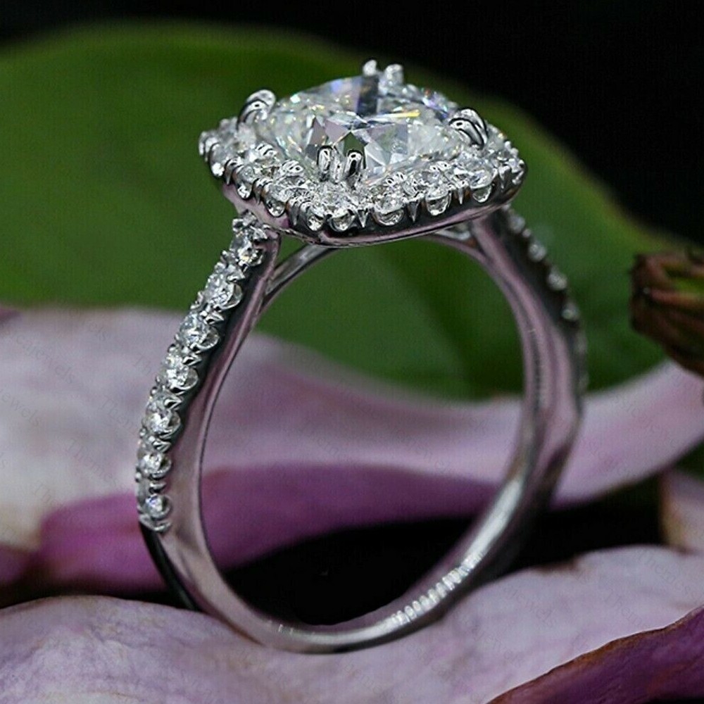 2.76 TCW Cushion Cut Moissanite Halo Engagement Ring In 14k White Gold Plated