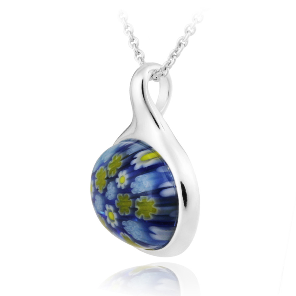 925 Silver Blue Millefoiri Glass Oval Necklace, 18″