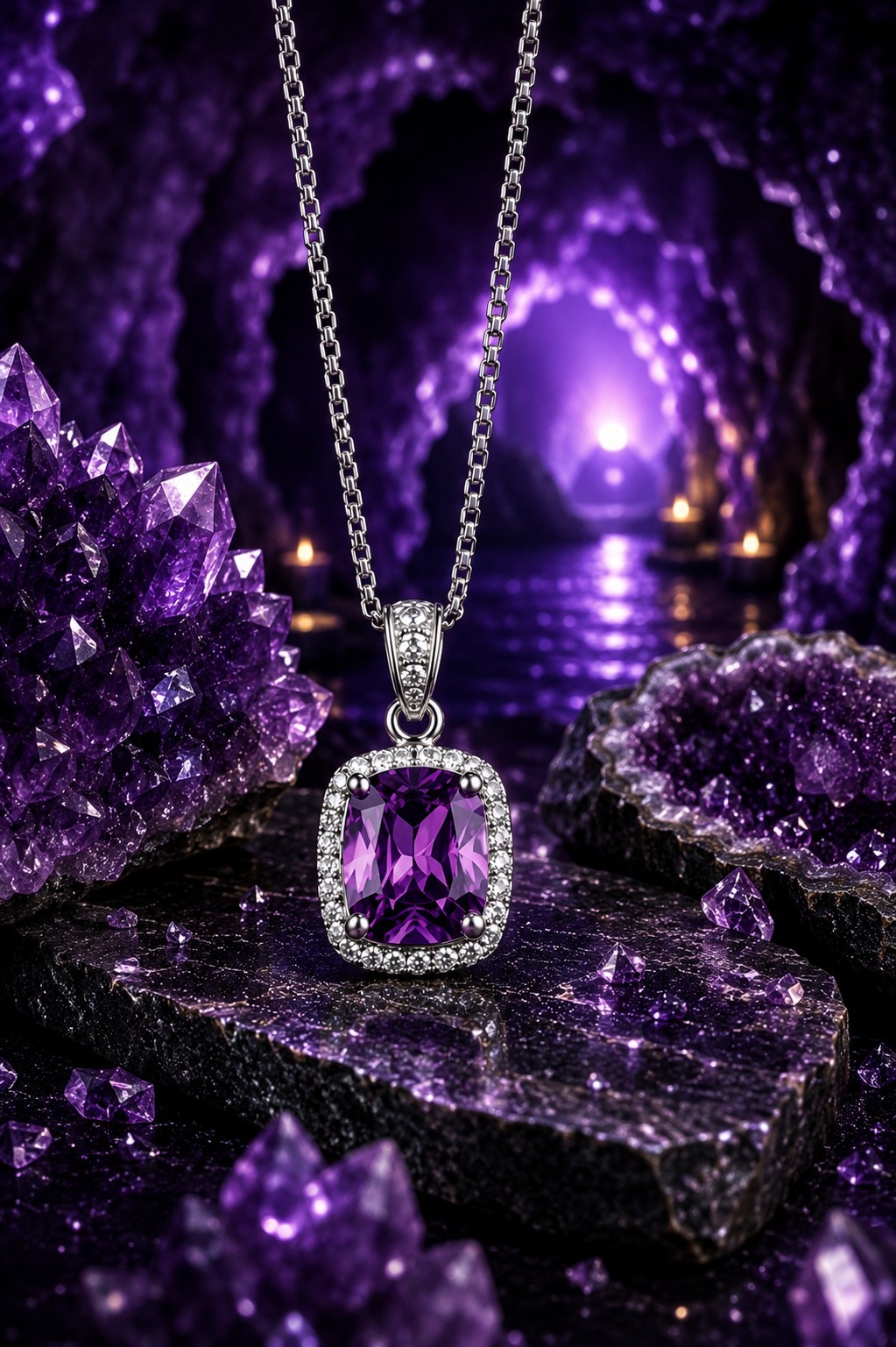Purple Crystal Halo Pendant Necklace Silver Tone CZ Fashion Jewelry Gift Women