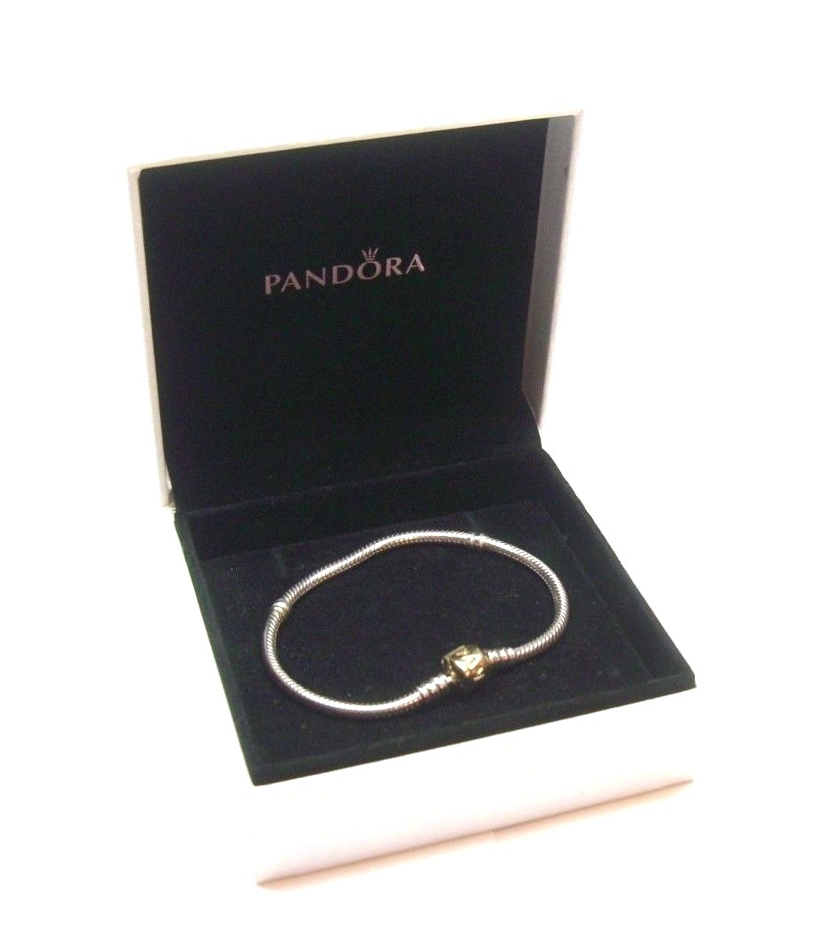 PANDORA 14K GOLD BARREL CLASP STERLING SILVER BRACELET 925 585 ALE 590702HG 18CM