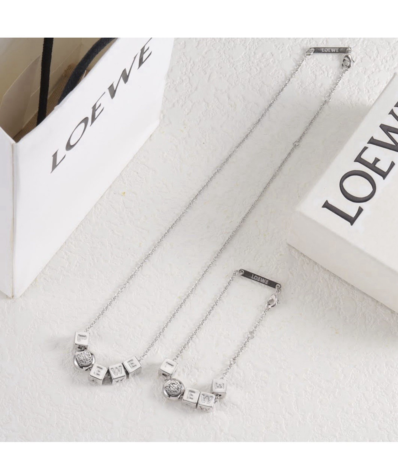 Silver Tone Faux Pearl Cable Chain Necklace Logo Charm Crystal Lobster Clasp