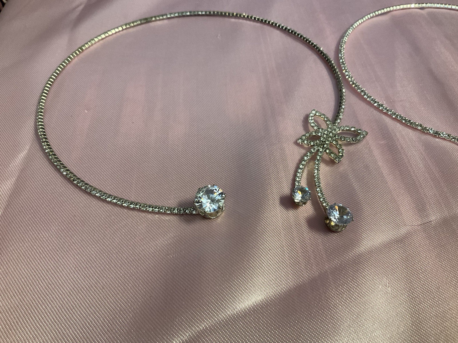 Lot of 2 Silver Tone Box Chain Choker Necklaces Butterfly Charm Crystal