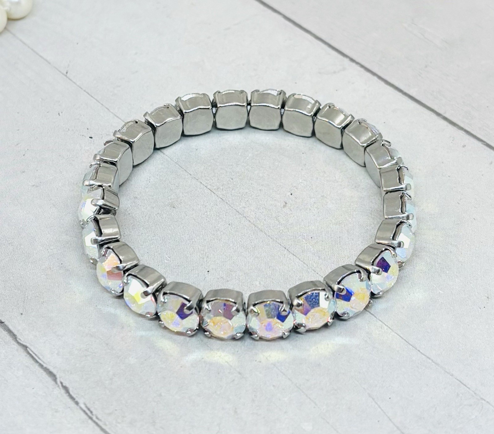 8mm Shiny Silver Plated Crystal AB Stretch Cup Chain Bracelet