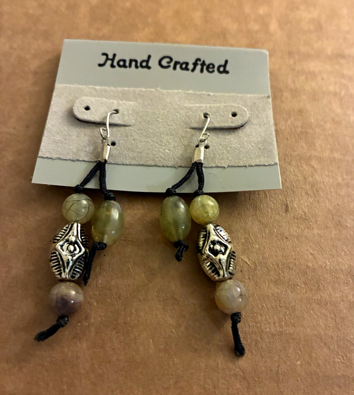 Handcrafted Green Round Stone Beaded Dangle Earrings Silver Tone Hook Closure
