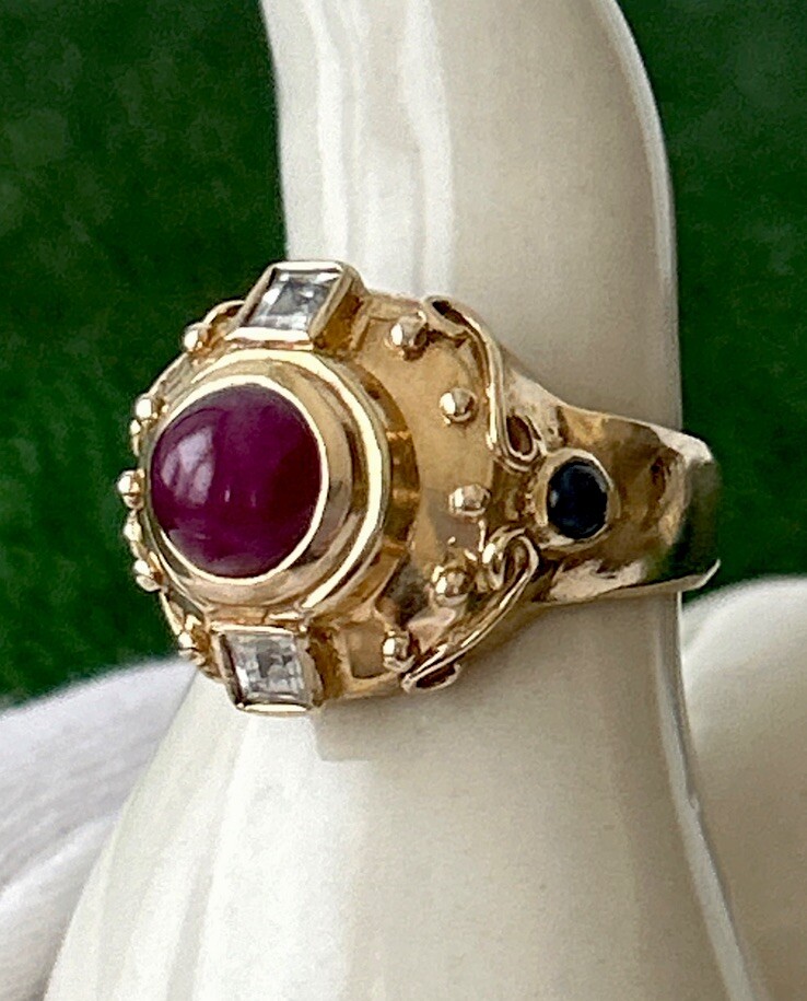 Vtg.10K Solid Yellow Gold Ruby White & Blue Sapphire Ring 7.83g.Heavy – Sz:6.5