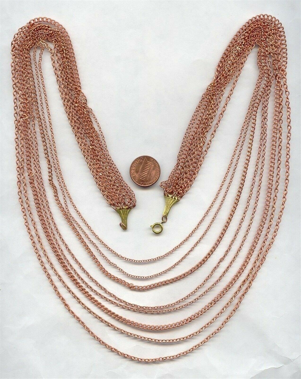 VINTAGE COPPER COATED GRADUATED 8 STRAND 27.5” CHAIN DECO BIB NECKLACE N78