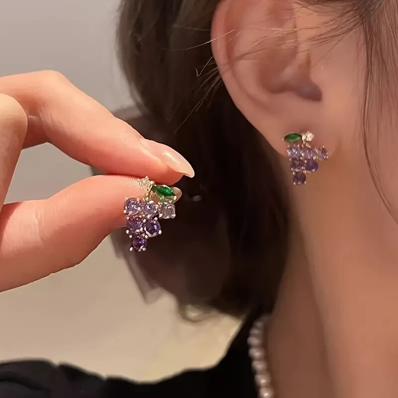 Fashion Grape Cluster Earrings – Imitation Zircon Embellished, Zinc Alloy