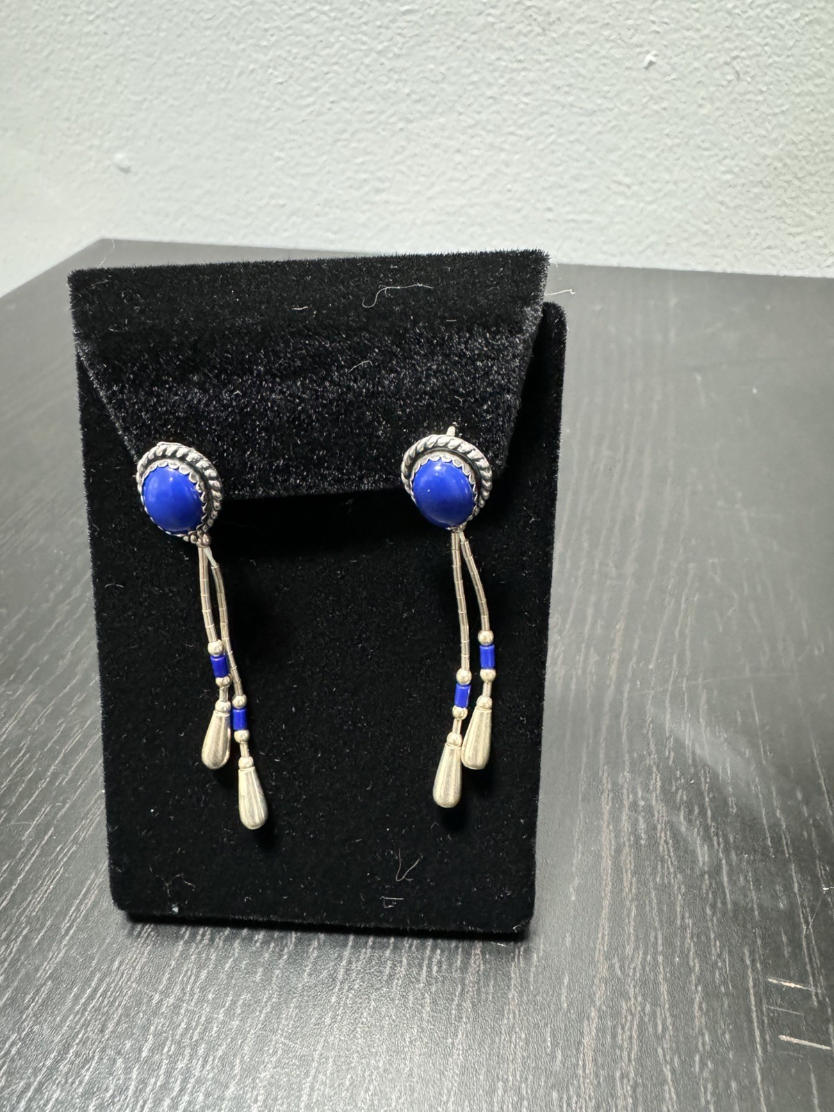 Vintage Liquid Silver Lapis Tassel Necklace Earrings set Stamped 925 Sterling