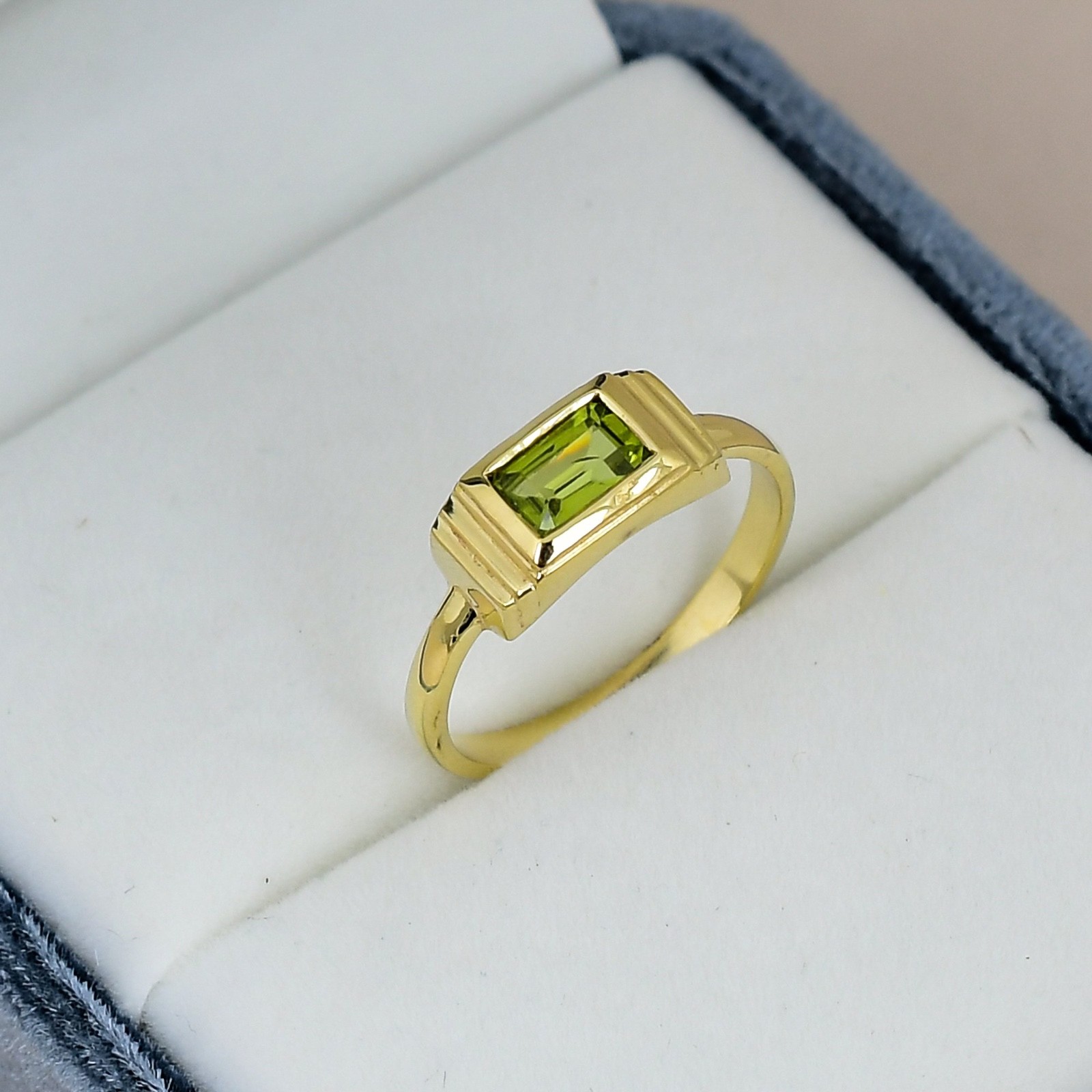 Peridot Ring 18K Gold Plated 4x6mm Baguette Gemstone Signet Style Ring Gift