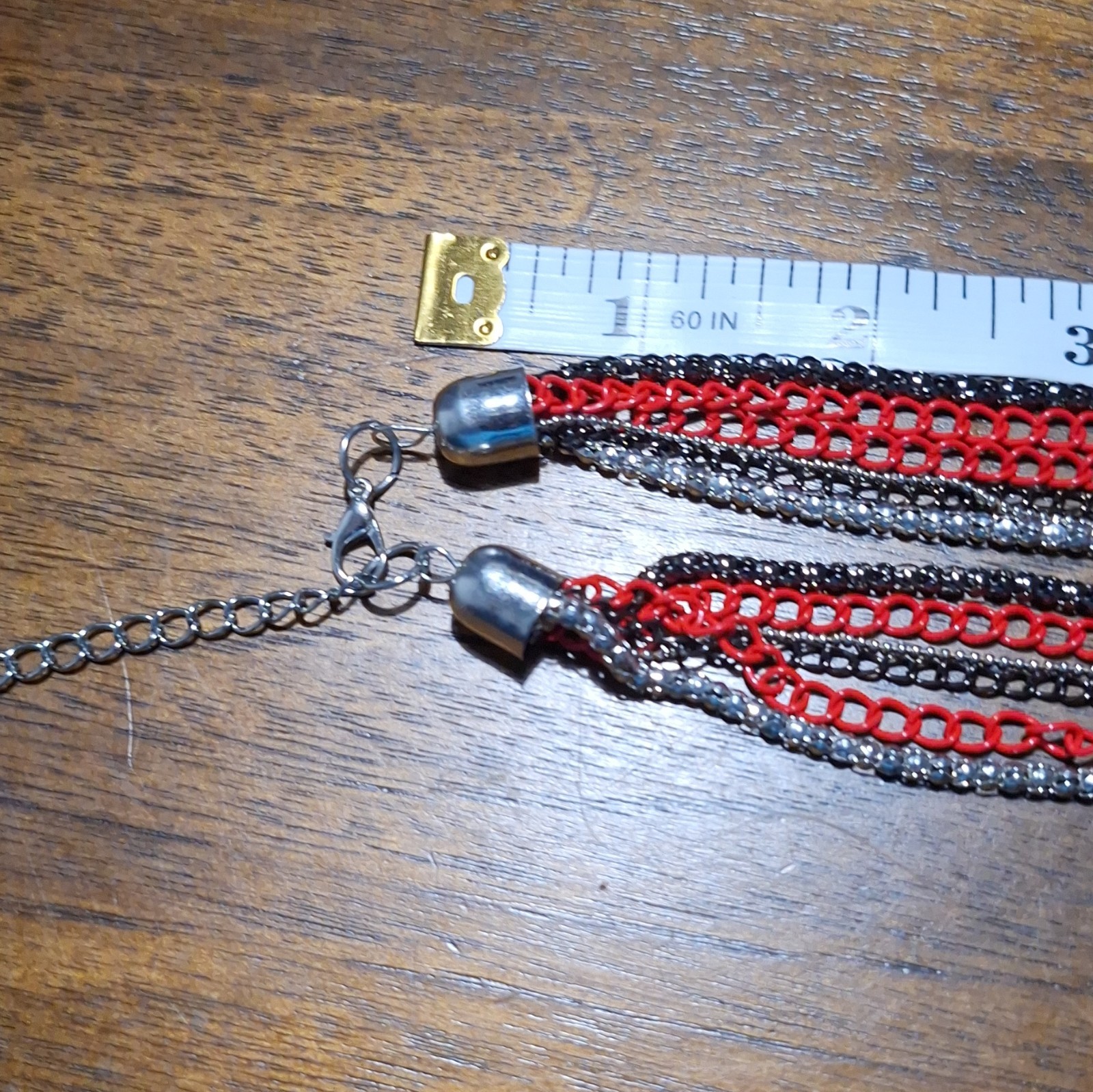Multi-Strand Layered Cable Chain Necklace Lanyard Red Black Silver Tone