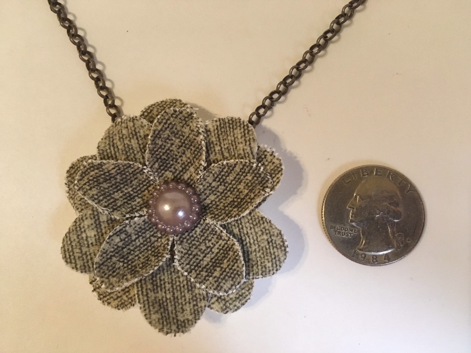Flower Pendant Chain Necklace Unique Handmade Fabric Floral Pearl Gray Pink New