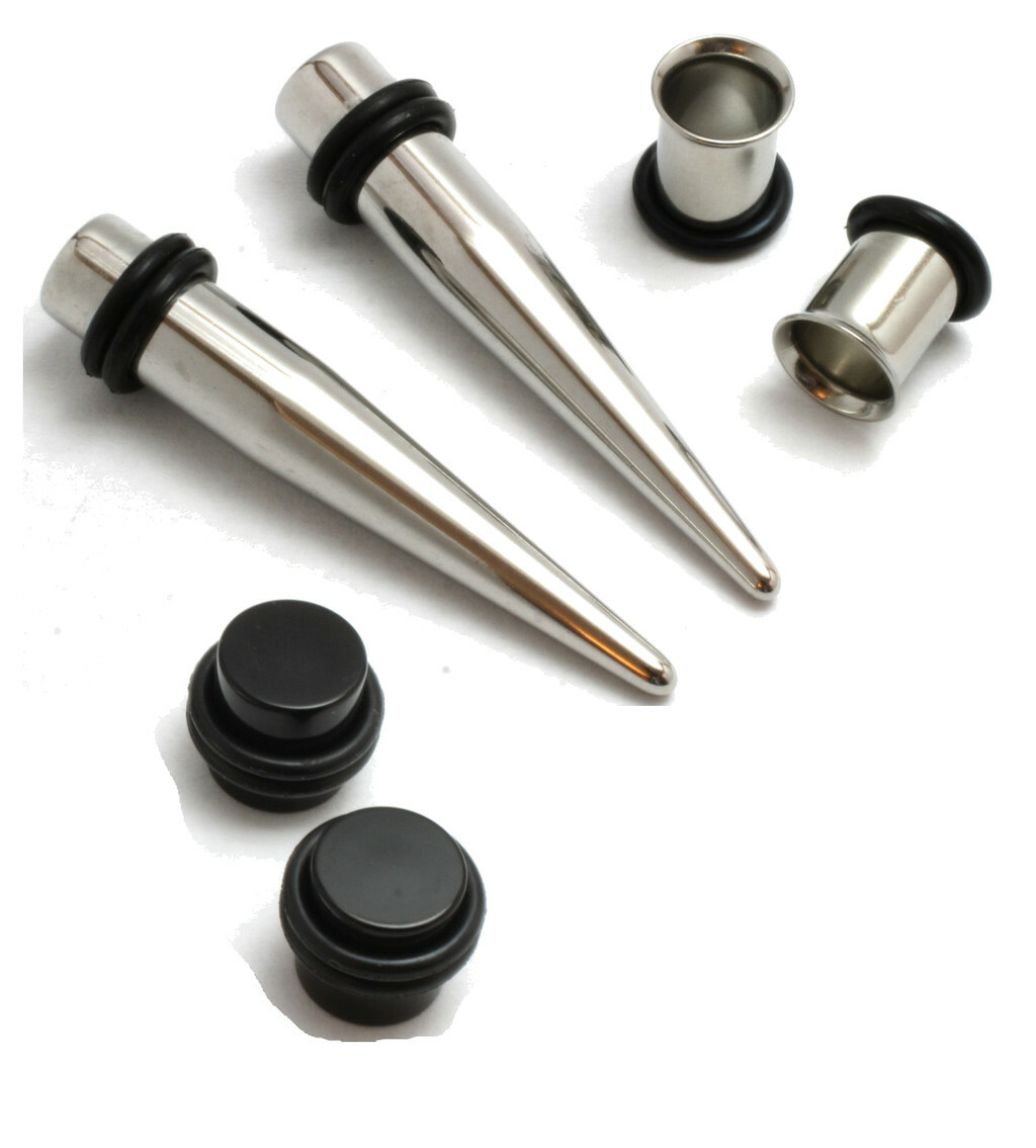 Stainless Steel Tapers Tunnels Black Plugs Ear Stretching Kit Gauges 00g-14g
