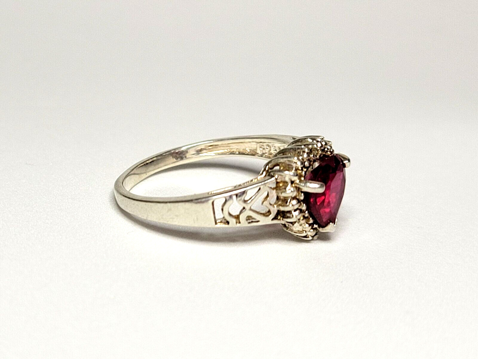 Sterling Silver (.925) Lab Created Ruby Heart & Diamond Accent Ring, Size 7, JJT