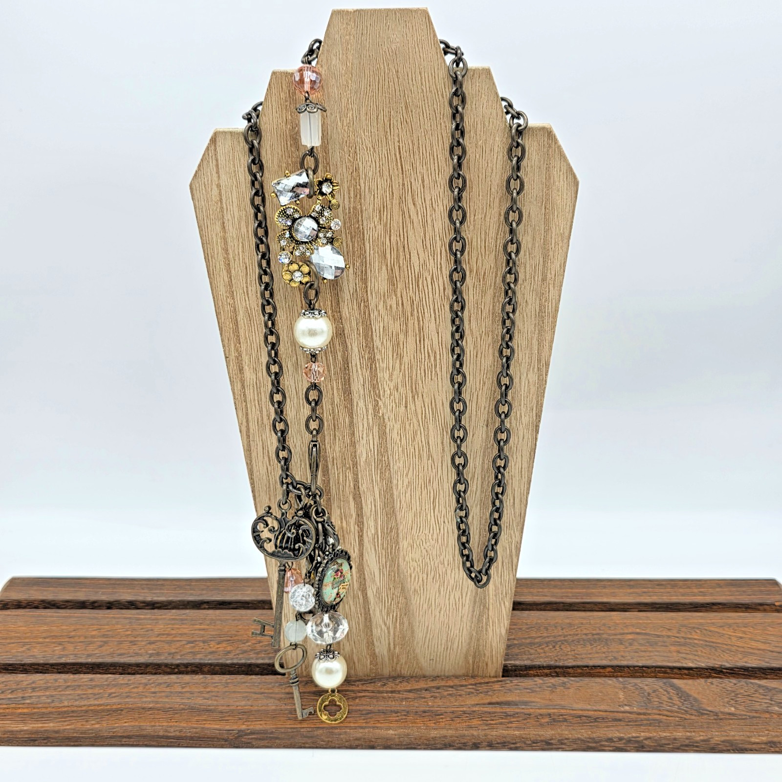 Plunder ADRIENNE Vintage Bronze Pearl Mannequin Key Tassel Charm Necklace 32”