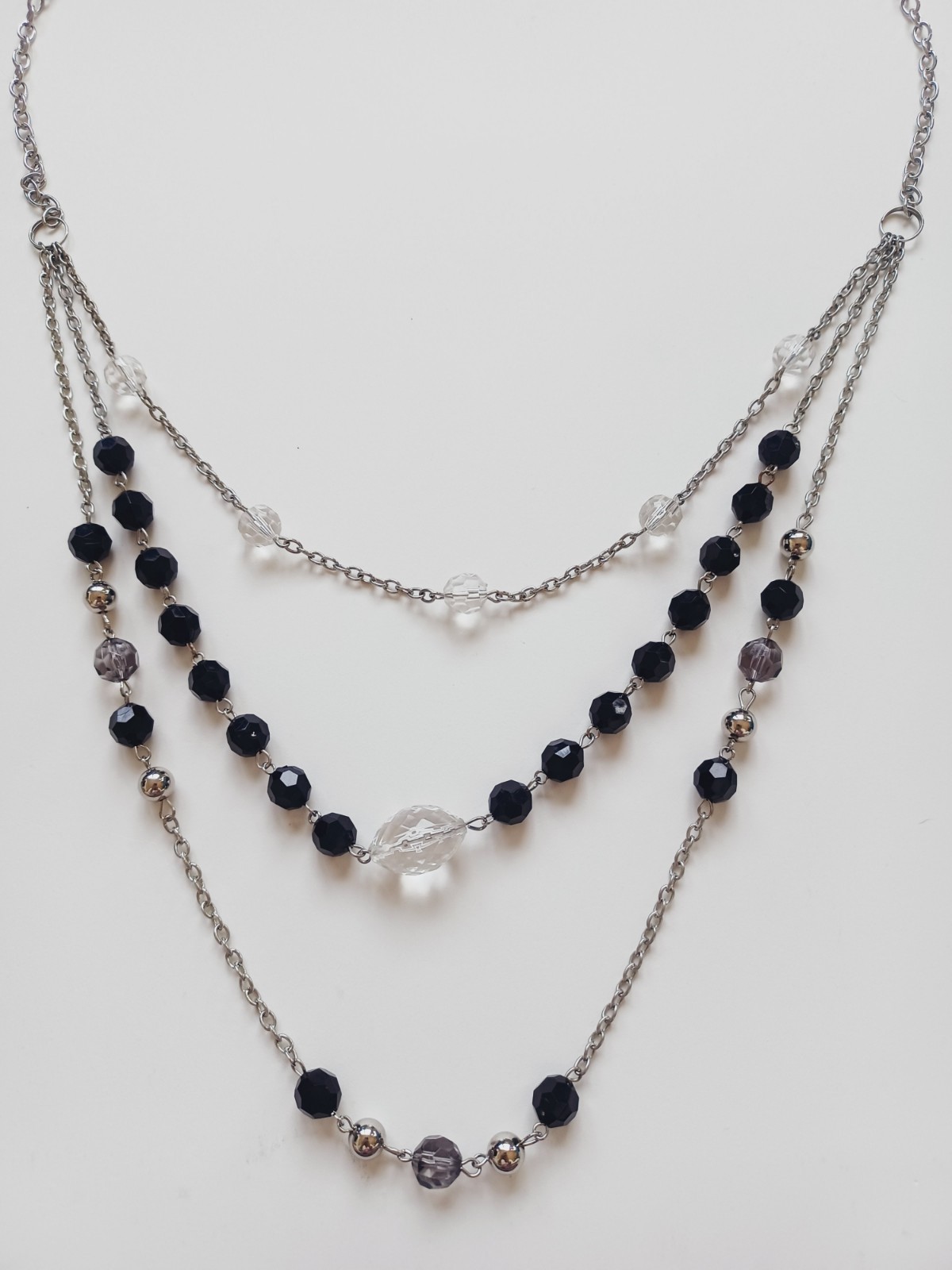 Black & Clear Faceted Station Bead Triple Layer Necklace