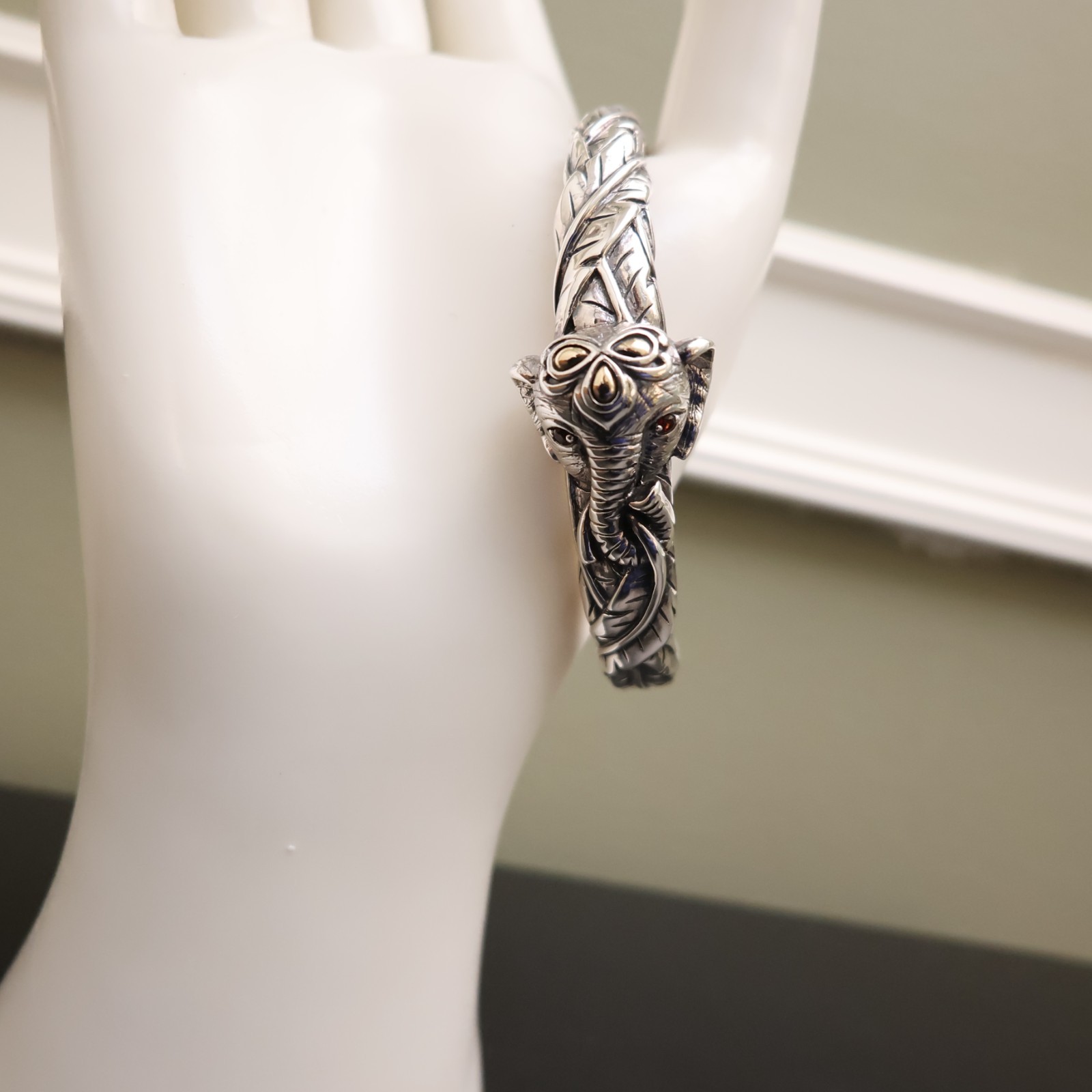 Jai bracelet elephant 925 sterling silver 14K gold hinged cuff garnets Sz 6.75in