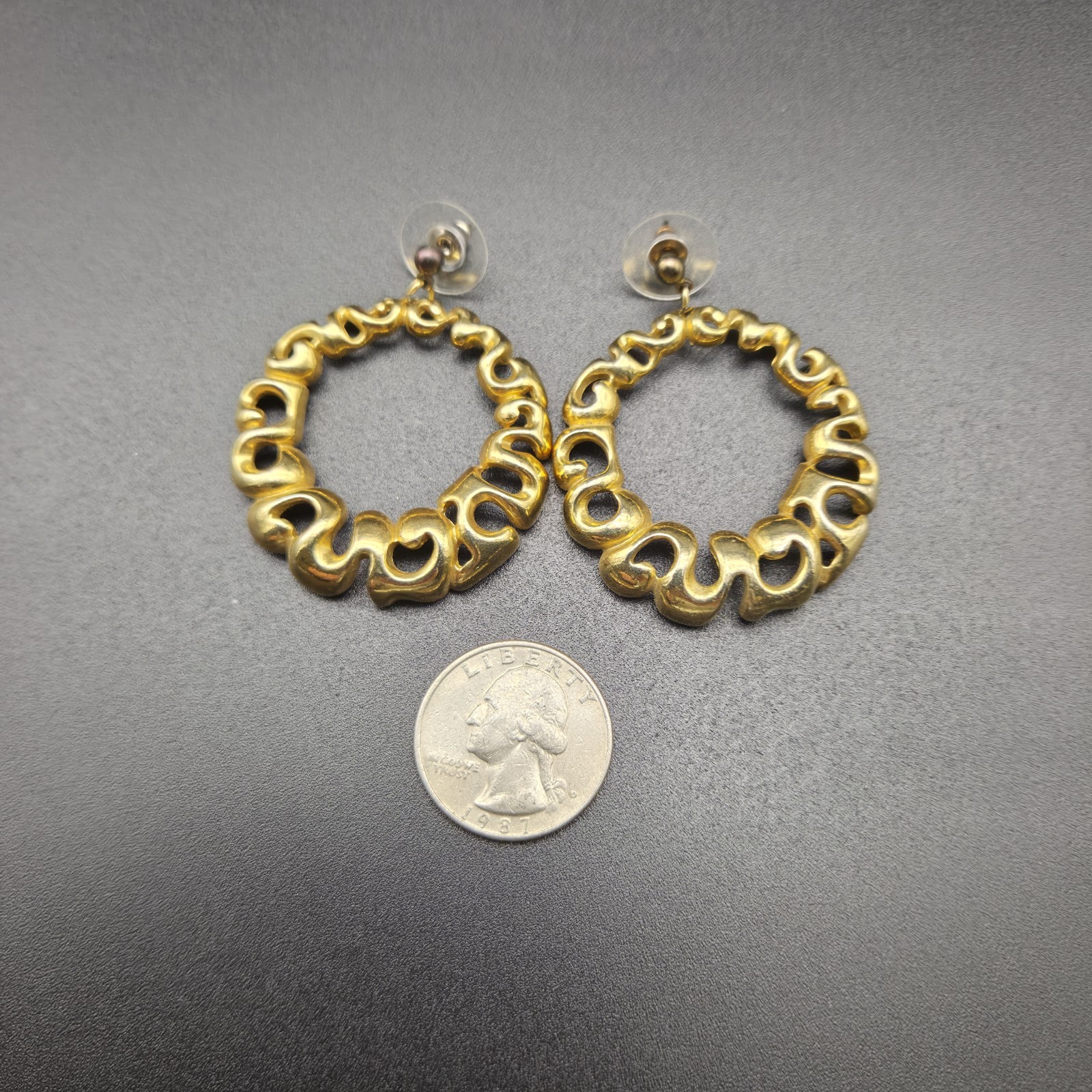 Vtg MidCentury Funky Chunky Earrings Gold Tone Unmarked 2.75 X 1.5 “