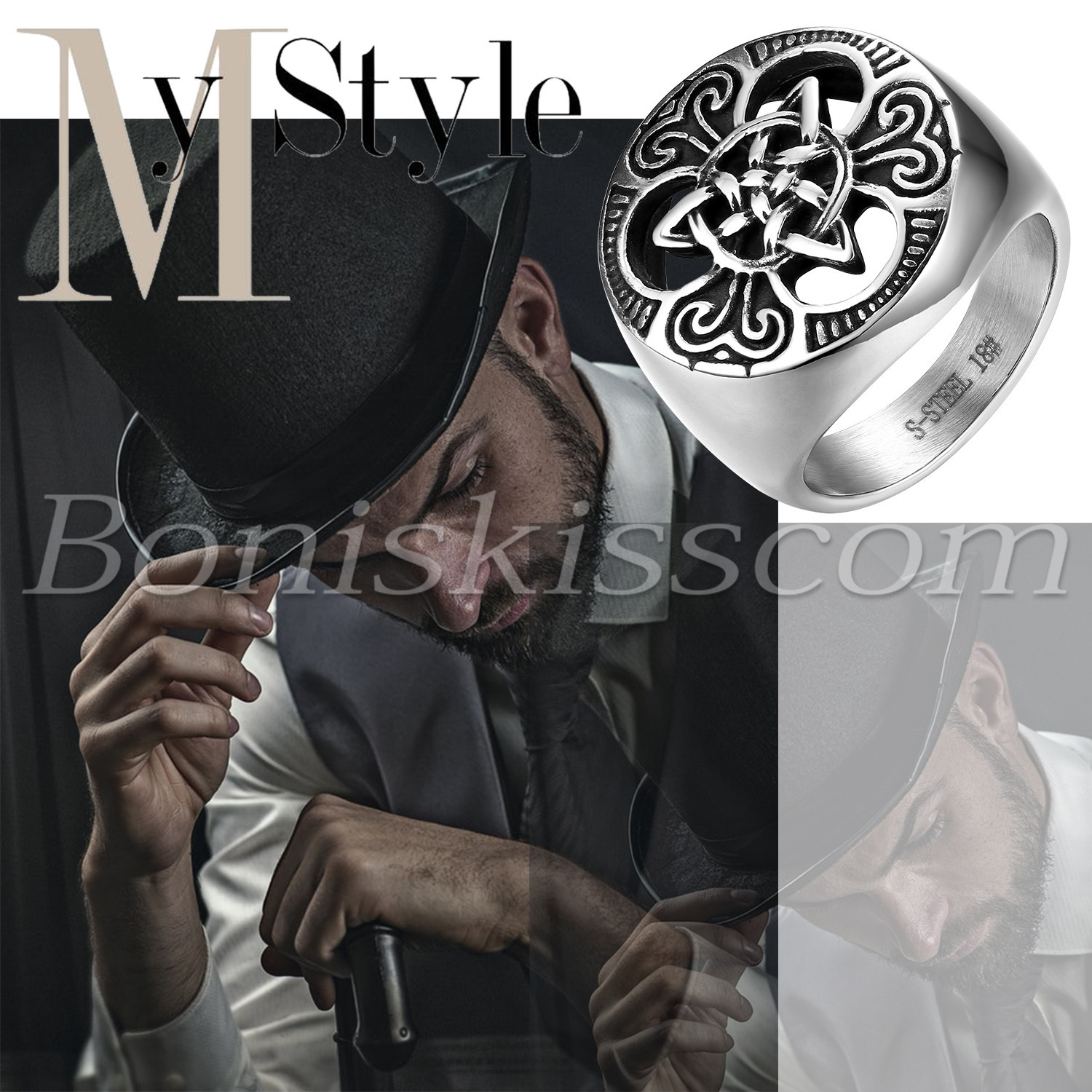 Men’s Vintage Biker Stainless Steel Round Celtic Knot Signet Rings Band #7-#14