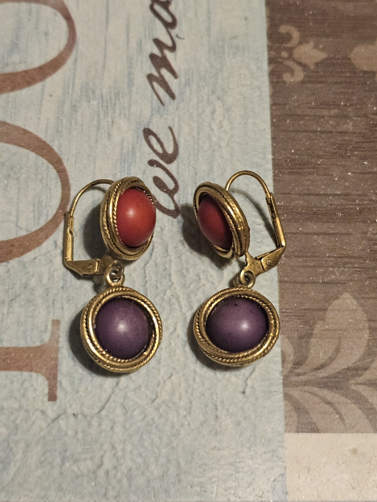 Gold Tone Red & Purple Earrings