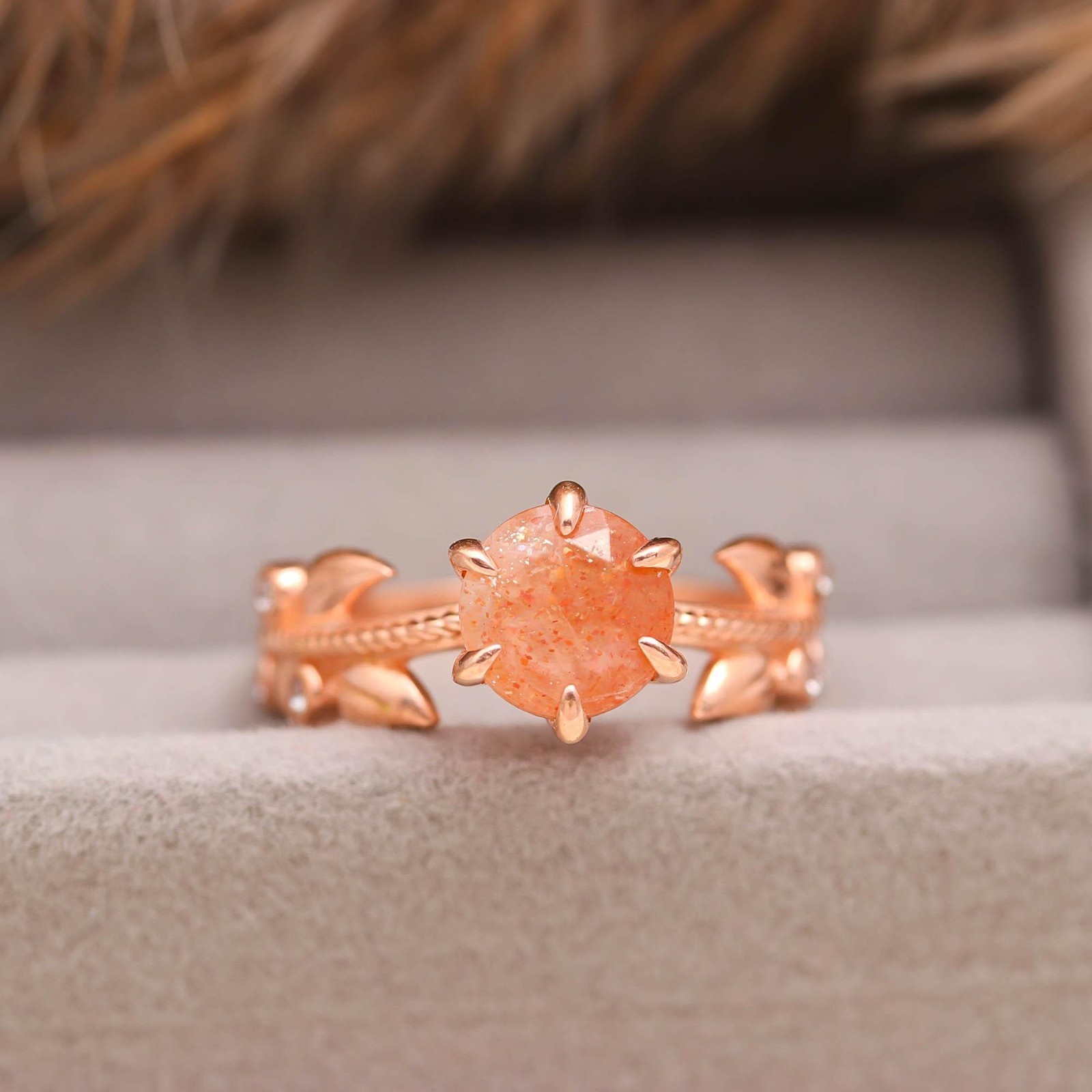 Natural Sunstone Round Cut Ring Rose Gold Fill 925Sterling Silver Dainty Jewelry