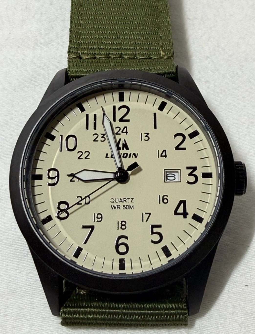Lenqin Quartz Field Watch 50M WR Black Case Olive Green Strap Quartz 5ATM SS