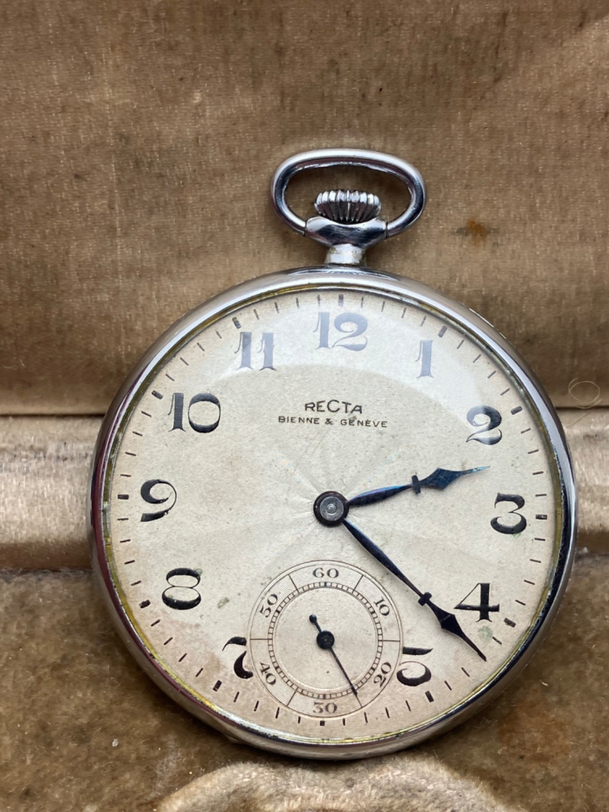 Recta Bienne &Geneve Vintage Pocket Watch BLUE JEWELS ! RARE! Works 23 Hours!