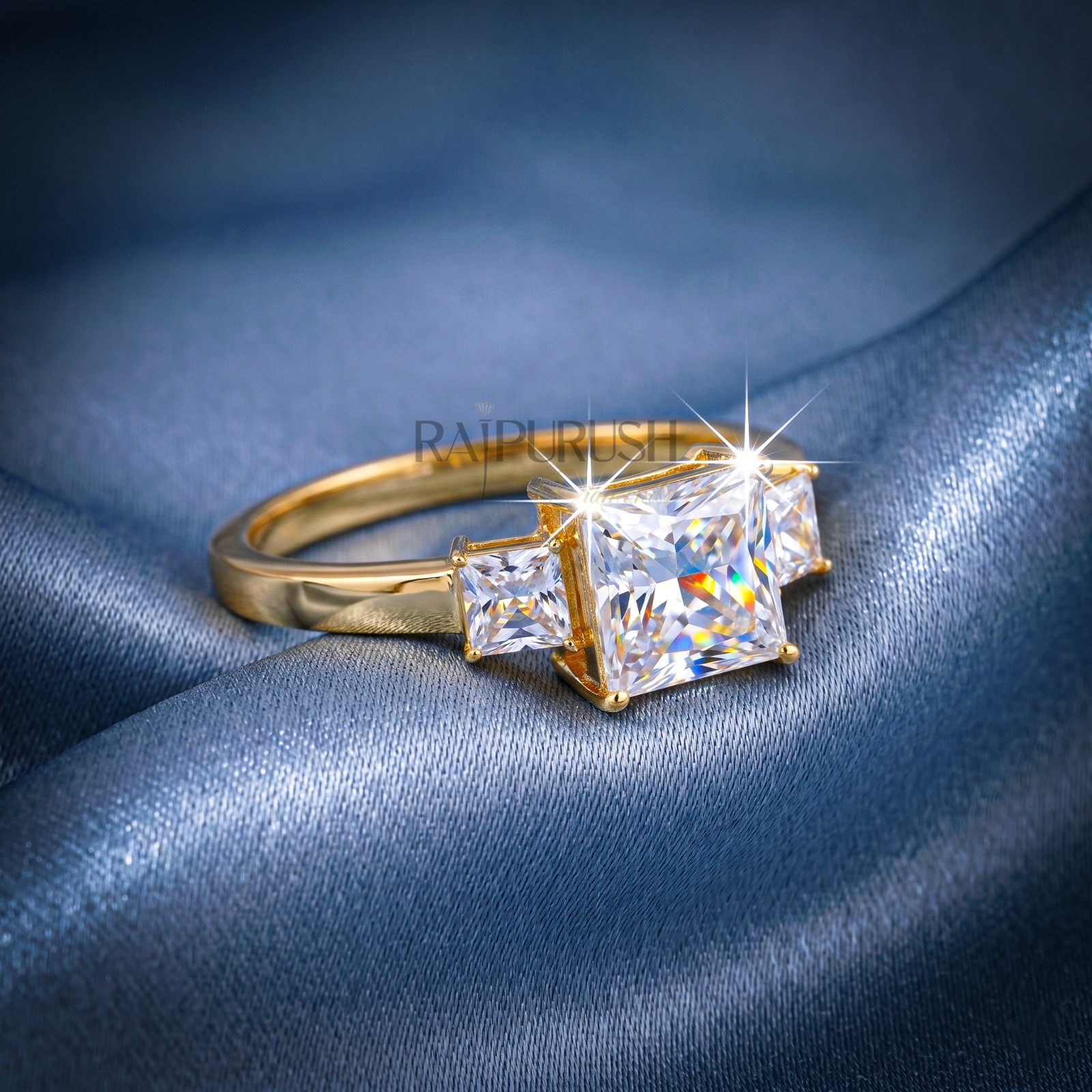 Princess Cut Moissanite Three Stone Engagement Ring – 14k Gold Plated Silver