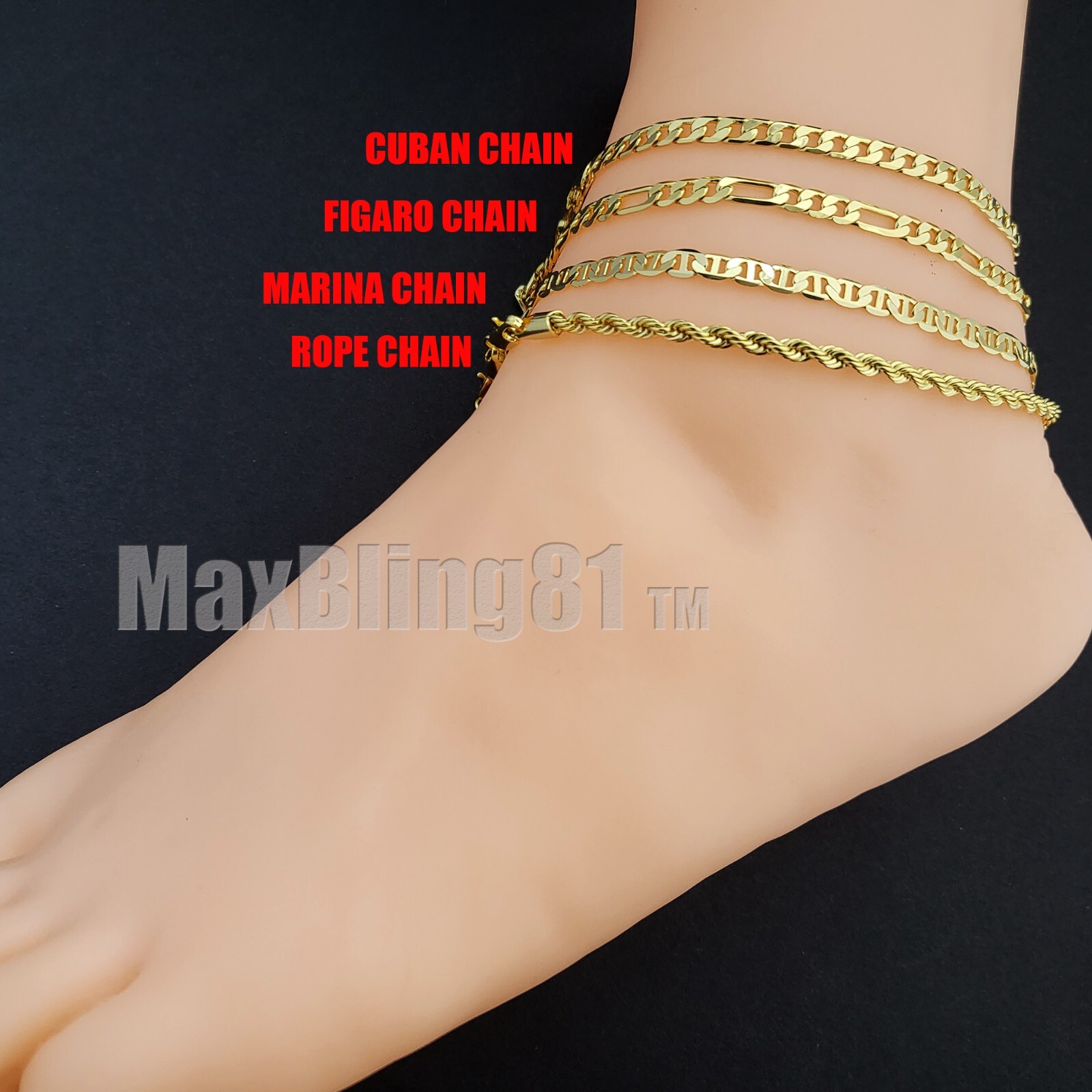 CUBAN FIGARO MARINA ROPE CHAIN 10″ FASHION ANKLET BRACELET 14K GOLD PLATED BRASS