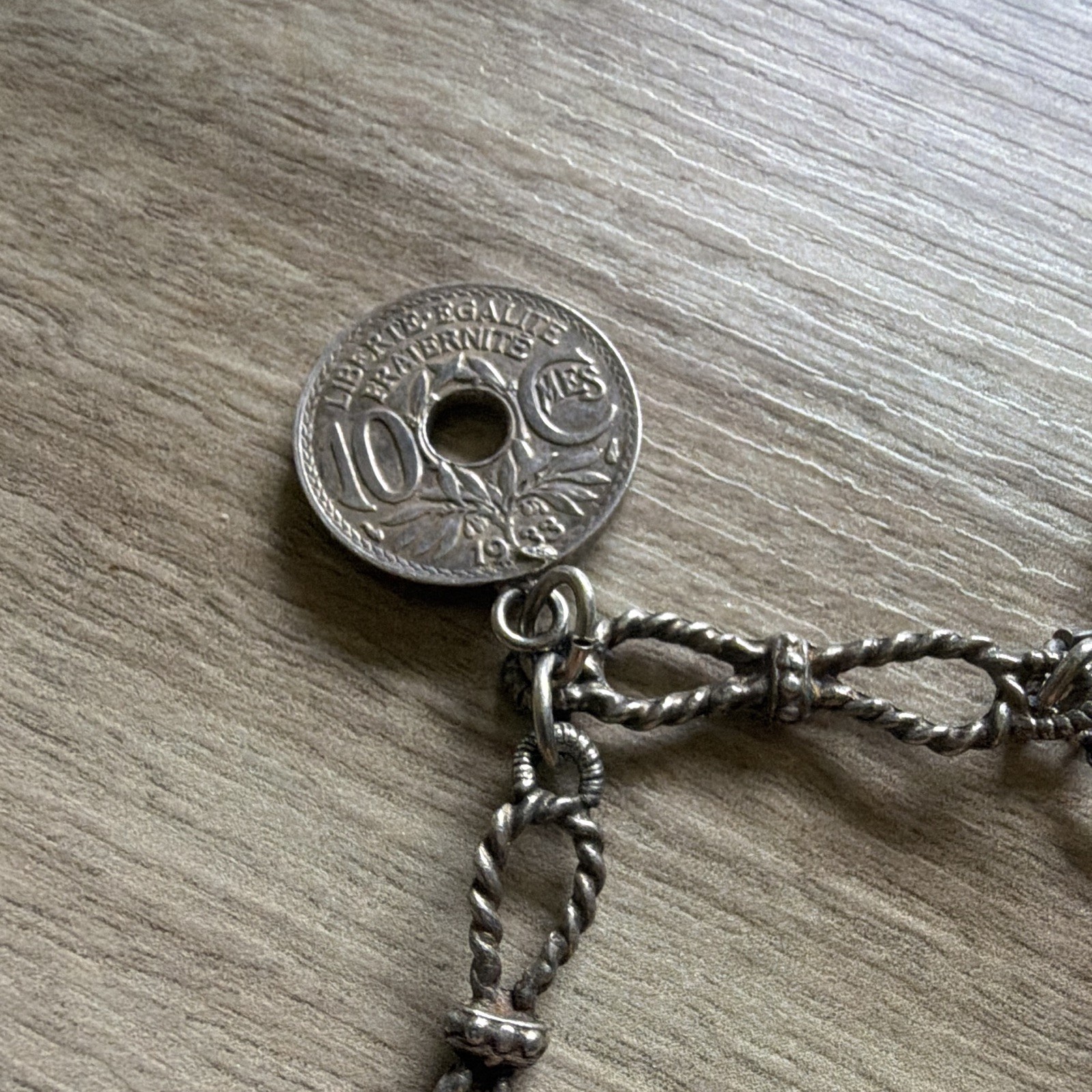 Silver Tone Rope Chain Coin Dangle Charm Bracelet, France Coin Type Charms