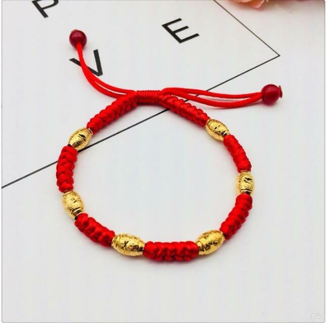 transport Hand Braided Olive Beaded Red String 23K 24K THAI BAHT YELLOW GOLD GP