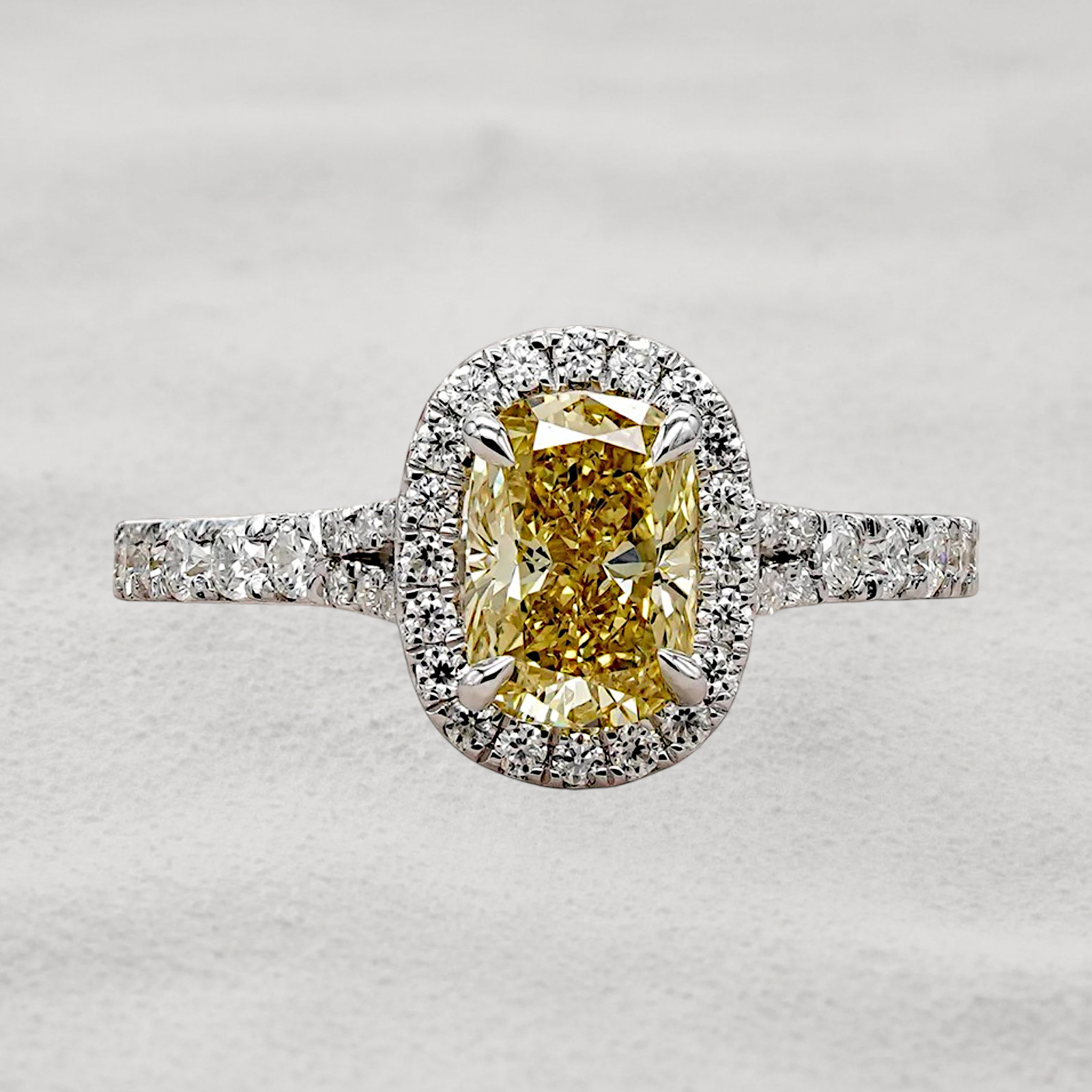 Fancy Vivid Yellow 2.00 CT Cushion Cut IGI Lab Grown Diamond Ring 14K White Gold