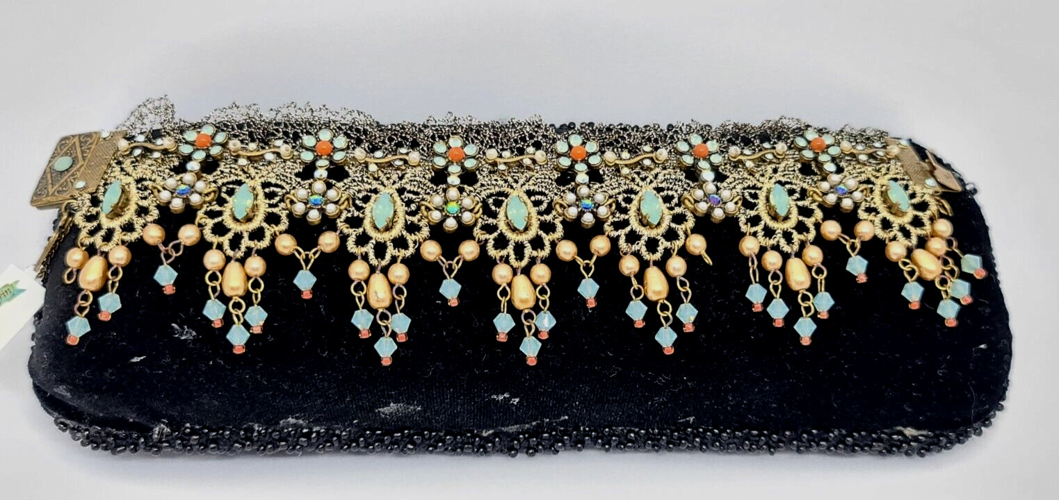 Lovely Michal Negrin Fabric Lace Bracelet Crystal Flowers Unique.